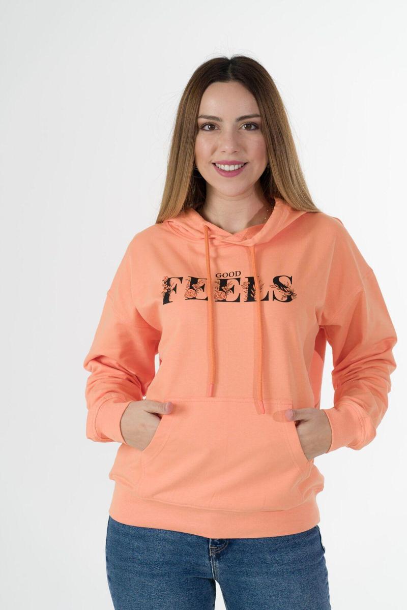 Verona Kapşonlu Kanguru Sweatshirt (Baskı) Kayısı Ezmesi