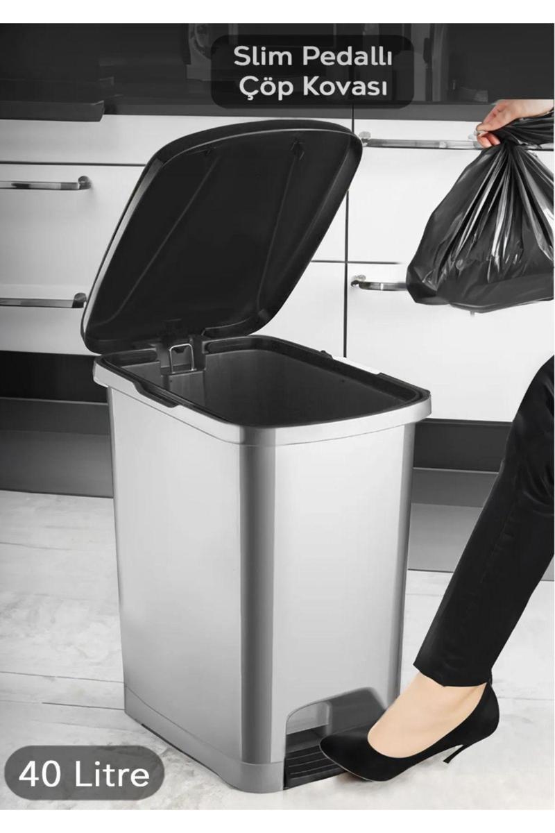 Mck Pedallı 40 Litre Gri Banyo Mutfak Çöp Kovası Çöp Kutusu  Siyah Kapaklı Slim  3 Adet Bez Takımlı