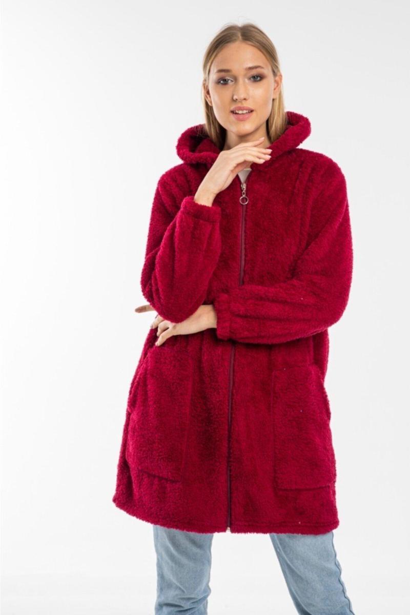 Kadın Bordo Uzun Fermuarlı Kapüşonlu Polar Hırka