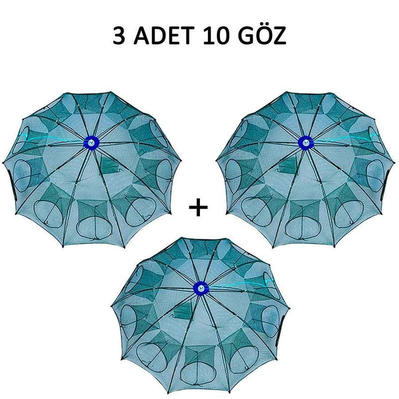 Şemsiye Balık Tuzağı 3 Adet 10 Göz Yengeç Kuş Balık Yakalama Tuzağı