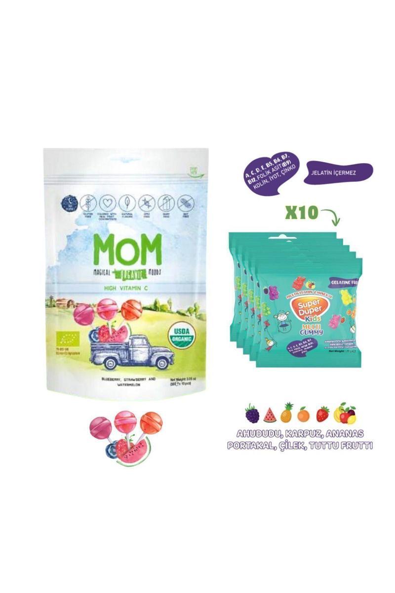 Mom Organik Lolipop (Çilek, Karpuz Yaban Mersini) 58gr & Super Duper Multivitamin ve Mineralli Jelibon (Kids Gummy) 10 adet x 20 gr
