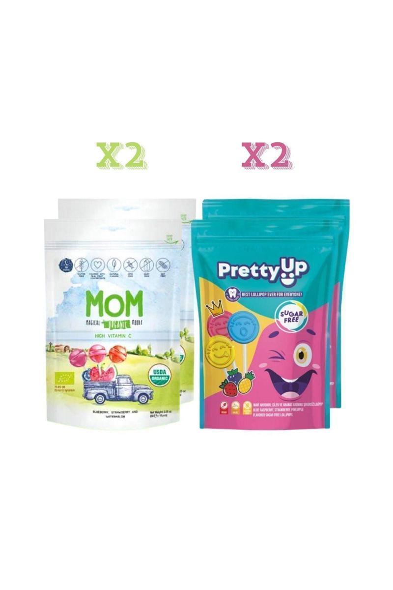 2'Li Organik Lolipop 5,8 Gr X 10 Adet & 2'Li Pretty Up Şekersiz Yassı Lolipop 5,5 Gr X 10 Adet