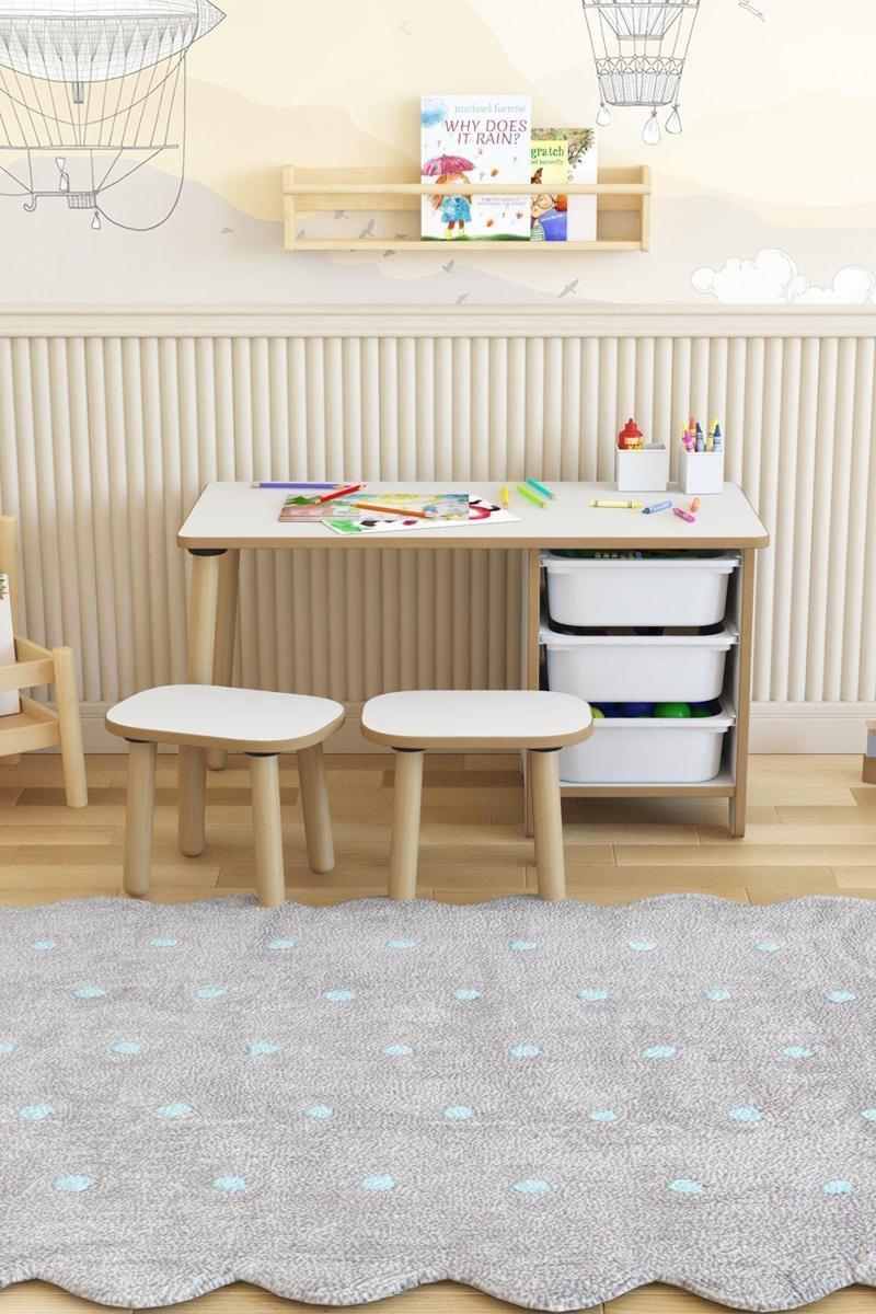 Çocuk Masa Sandalye Takımı 90X45 Cm 3 Sepetli Çocuk Çalışma Ve Aktivite Masası Yaz-Sil,2 Tabureli