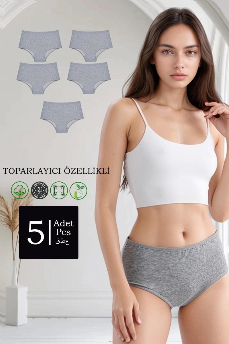 5'li Paket Pamuklu Yüksek Bel Toparlayıcı Özellikli Külot Gri
