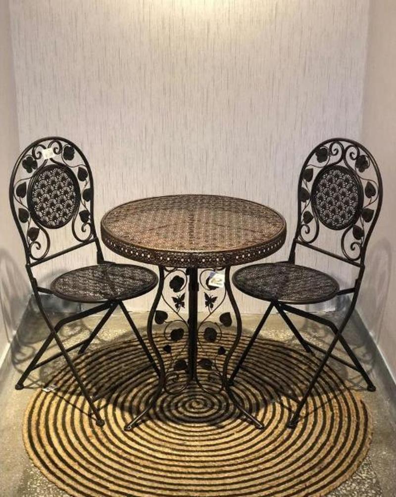 Panalı Ferforje Metal Masa Sandalye Seti Kahve