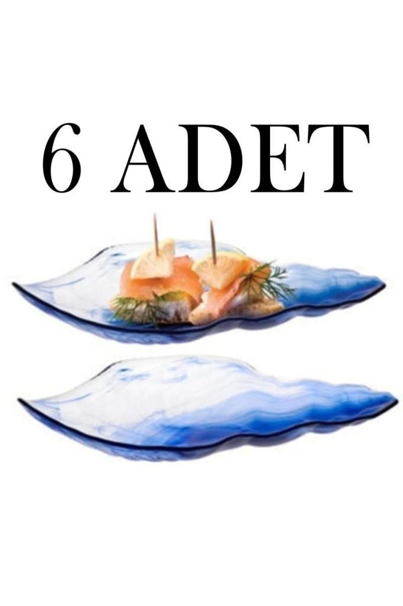 Cam 6lı Marine Batik Mavi Servis Tabağı Meze Sunum Kabı Kayığı Lokumluk