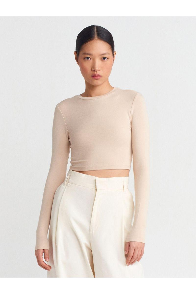 Kadın Uzun Kollu Crop Top Açık Bej Bluz - 31236