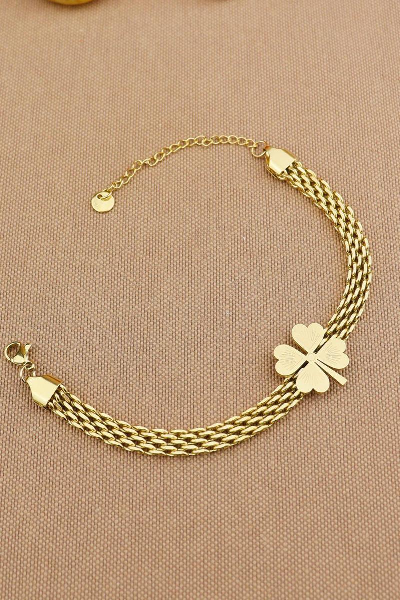 316L Kalın Hasır Çelik Zincir Yoncalı Bileklik Gold Kararmaz Solmaz - 17+5Cm En:6Mm Çelik Bileklik