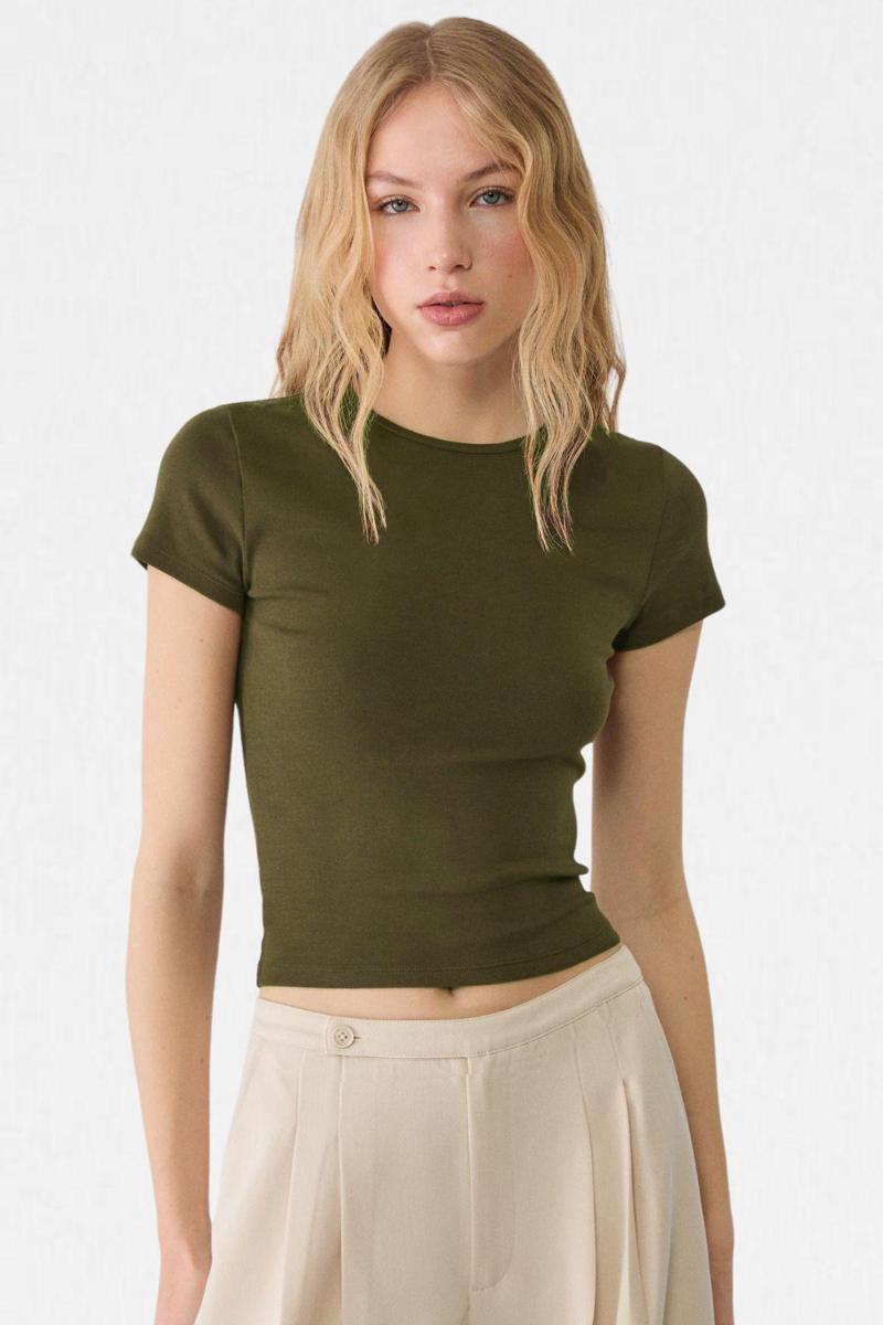 Haki Bisiklet Yaka Basic Ultra Soft %100 Pamuk Kısa Kol Body