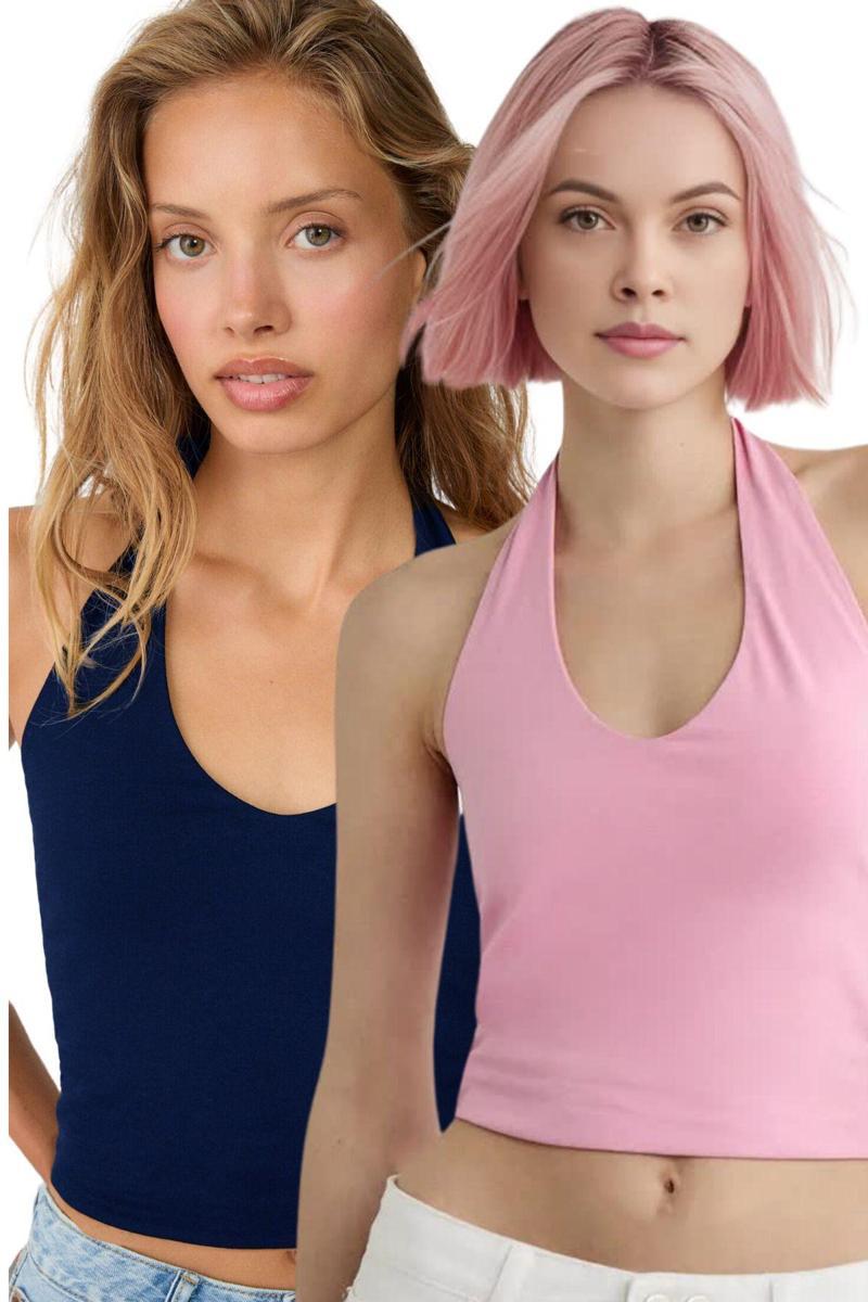 Kadın Lacivert Pembe 2'Li Halter Yaka Crop Top Body