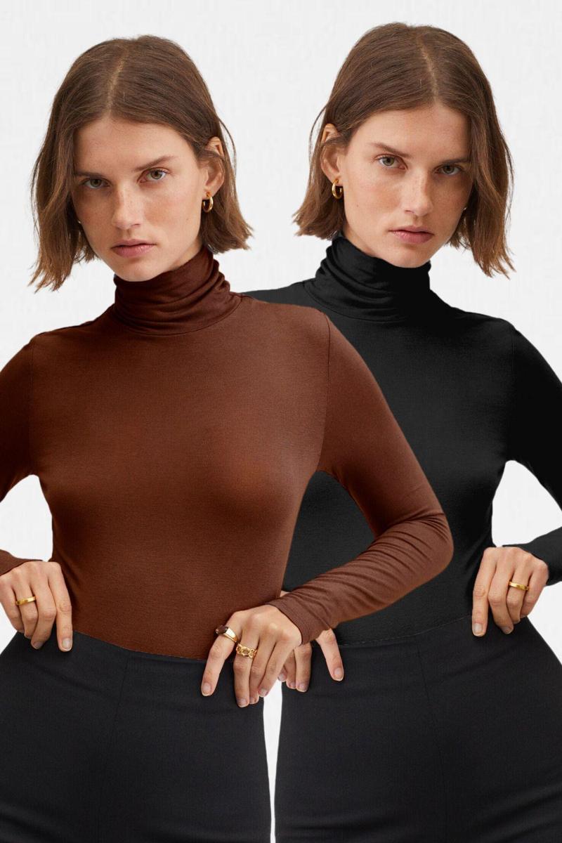 Kadın Siyah Kahve 2'Li Balıkçı Yaka Ultra Soft Bluz