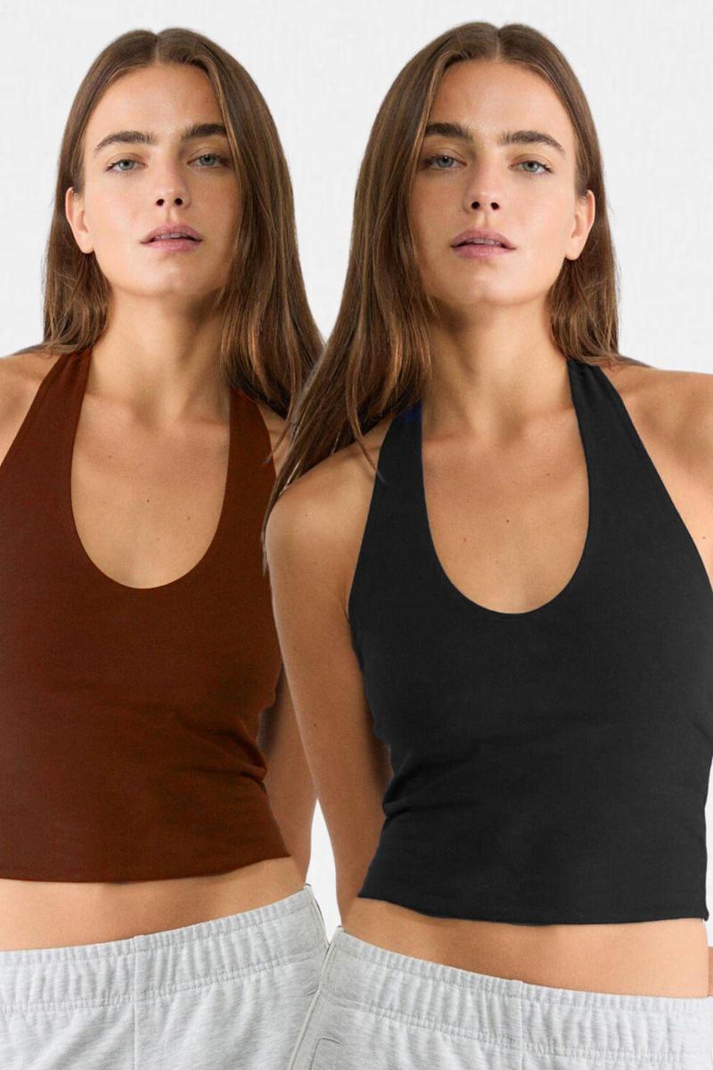 Kadın Siyah Kahve 2'Li Halter Yaka Crop Top Body