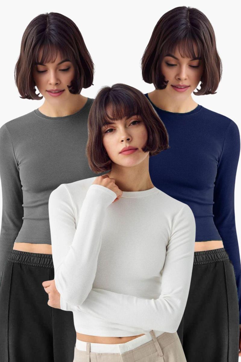 Beyaz Antrasit Lacivert 3'Lü Bisiklet Yaka Basic Ultra Soft %100 Pamuk Uzun Kol Bluz