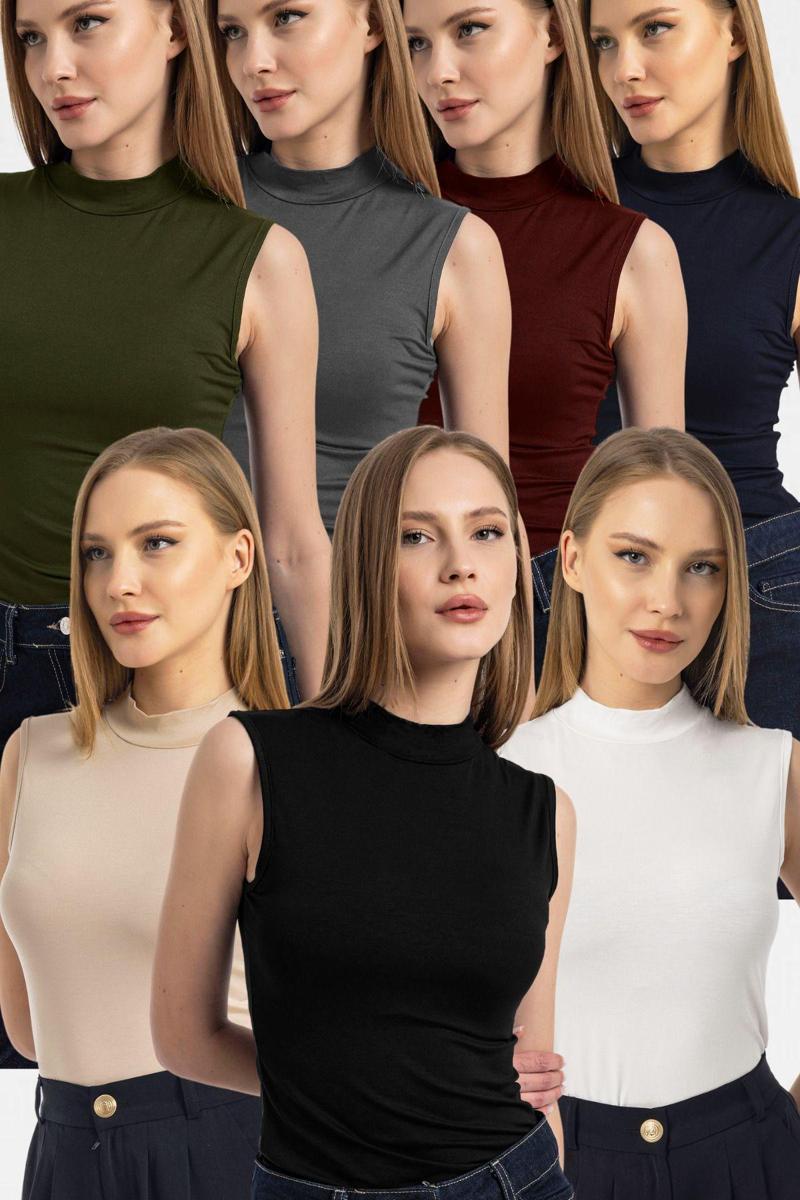 Kadın Siyah Kahve Bej Antrasit Beyaz Haki Lacivert 7'Lı Kolsuz Body Bluz