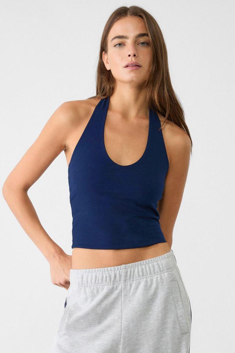Kadın Lacivert Halter Yaka Crop Top Body