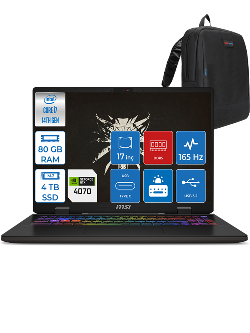 Sword 17 Hx Intel Core I7 14700HX 80GB Ddr5 4tb SSD 8GB/RTX4070/105W 17" 165Hz Fhd+ Windows 11 Home Gaming Laptop 054XTRH14