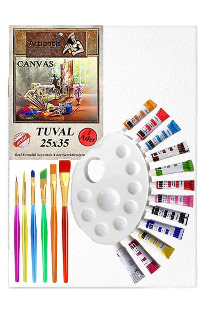 Guaj Boya Hobi Boyama Seti 1 Paket 25x35 cm Tuval 12 li Guaj Boya Tüp Resim Paleti Fırça Seti 6 lı