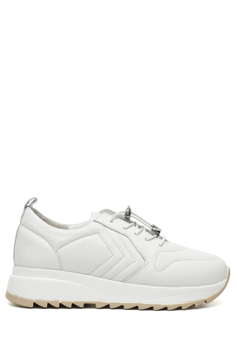 Beyaz Gön Hakiki Deri Yuvarlak Burun Dolgu Taban Bağcıklı Spor Kadın Sneaker 45092