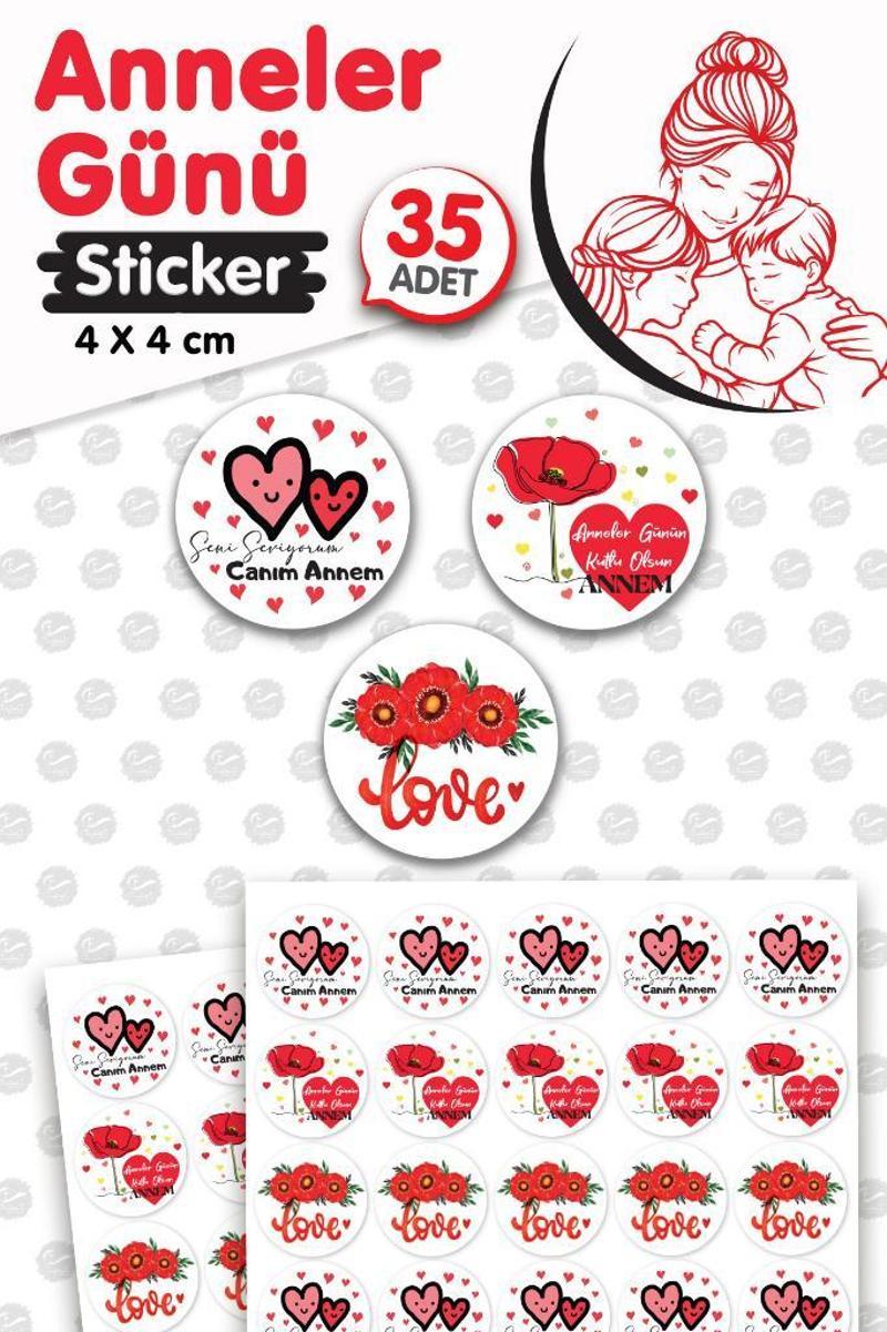 Anneler Günü Sticker Etiket 4cm 35 adet Anneler Günü Hediye Etiketi -T1223