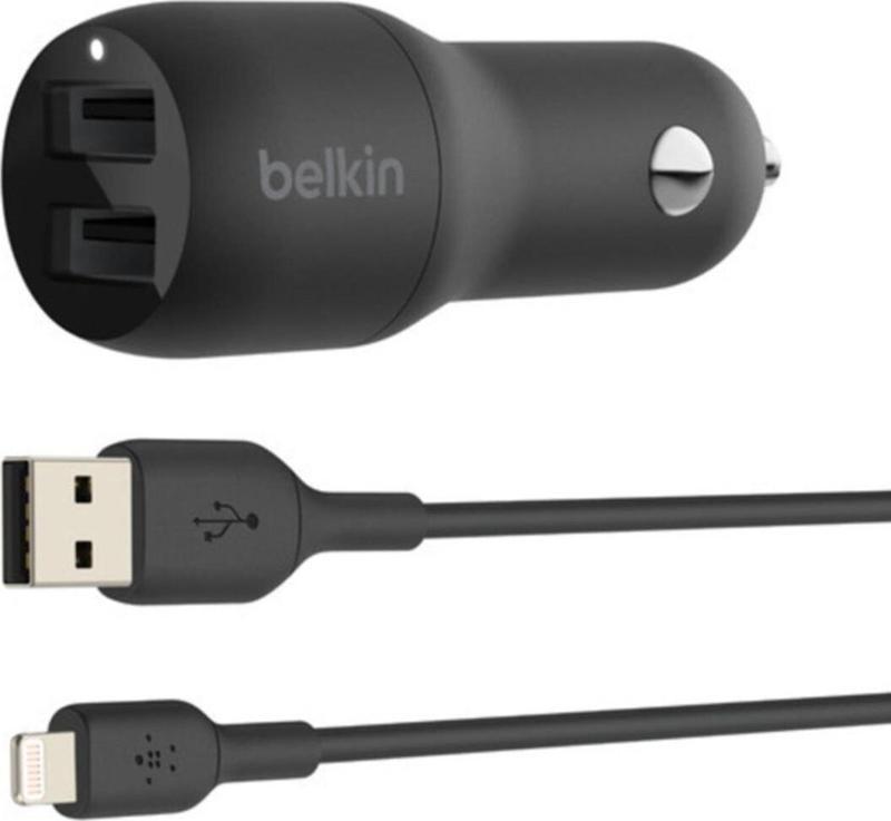 24w Hızlı Araç Şarj Cihazı 2 Port Usb Siyah+apple Lightning Kablo