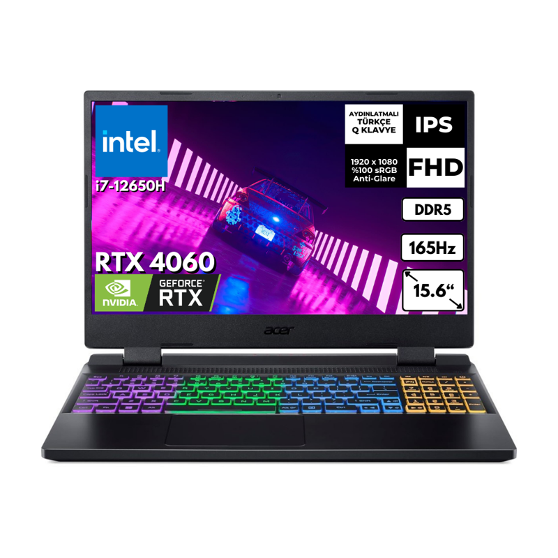 Nitro 5 AN515-58 i7-12650H 16 GB 512 GB SSD 8GB RTX4060 15.6" IPS 165Hz FreeDos Gaming Notebook NH.QM0EY.00BBT1