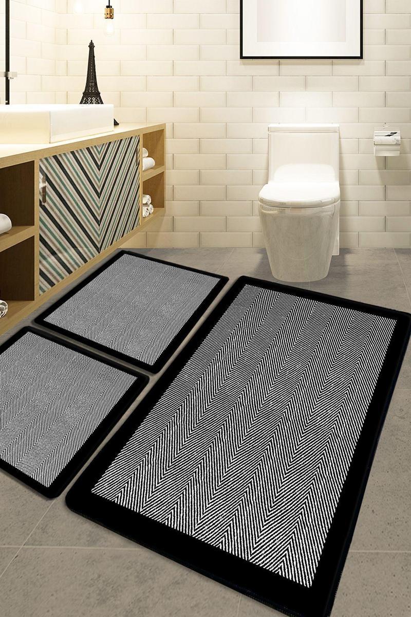 3’lü Banyo Paspas Takımı Kaymaz Tabanlı Yıkanabilir Siyah B1255