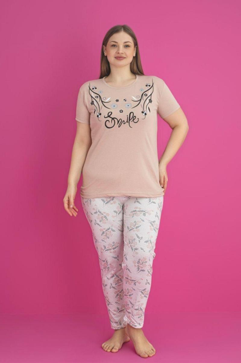 X-Dreamy Büyük Beden Pamuklu Çiçekli Kısa Kollu Pijama Takımı