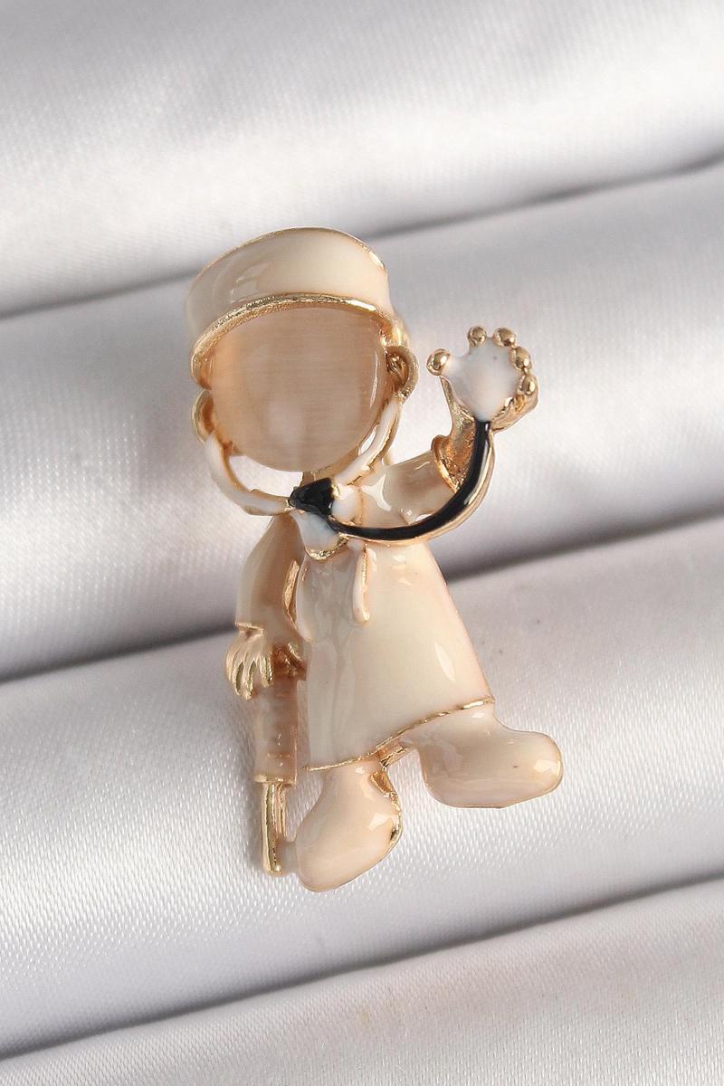 Pirinç Gold Renk Beyaz Mineli Doktor Model Kadın Broş - TJ-BR428