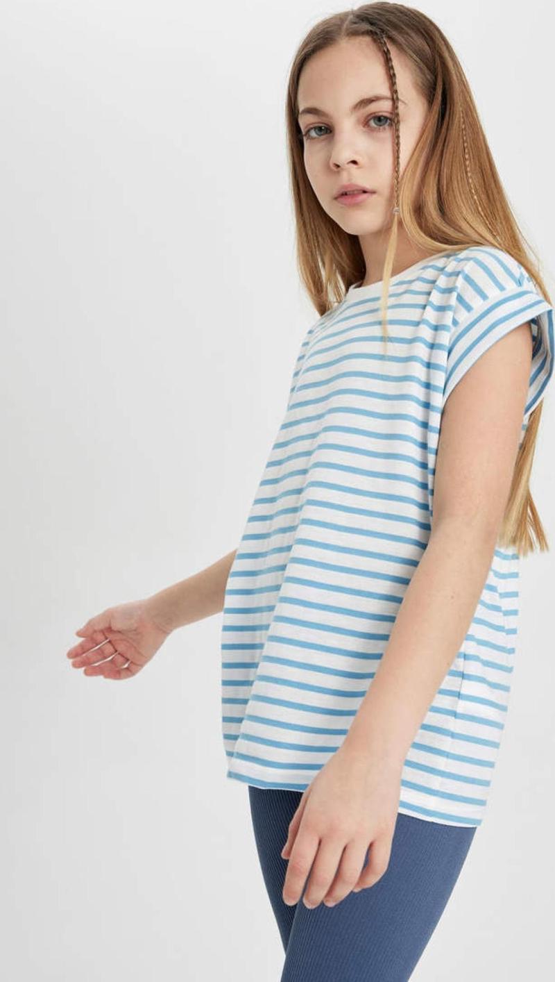 B6694A8 Kız Çocuk Oversize Fit Çizgili Kısa Kollu Tişört