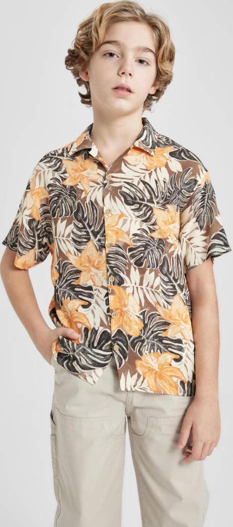 B7132A8 Ss Erkek Çocuk Oversize Fit Desenli Viskon Kısa Kollu Gömlek