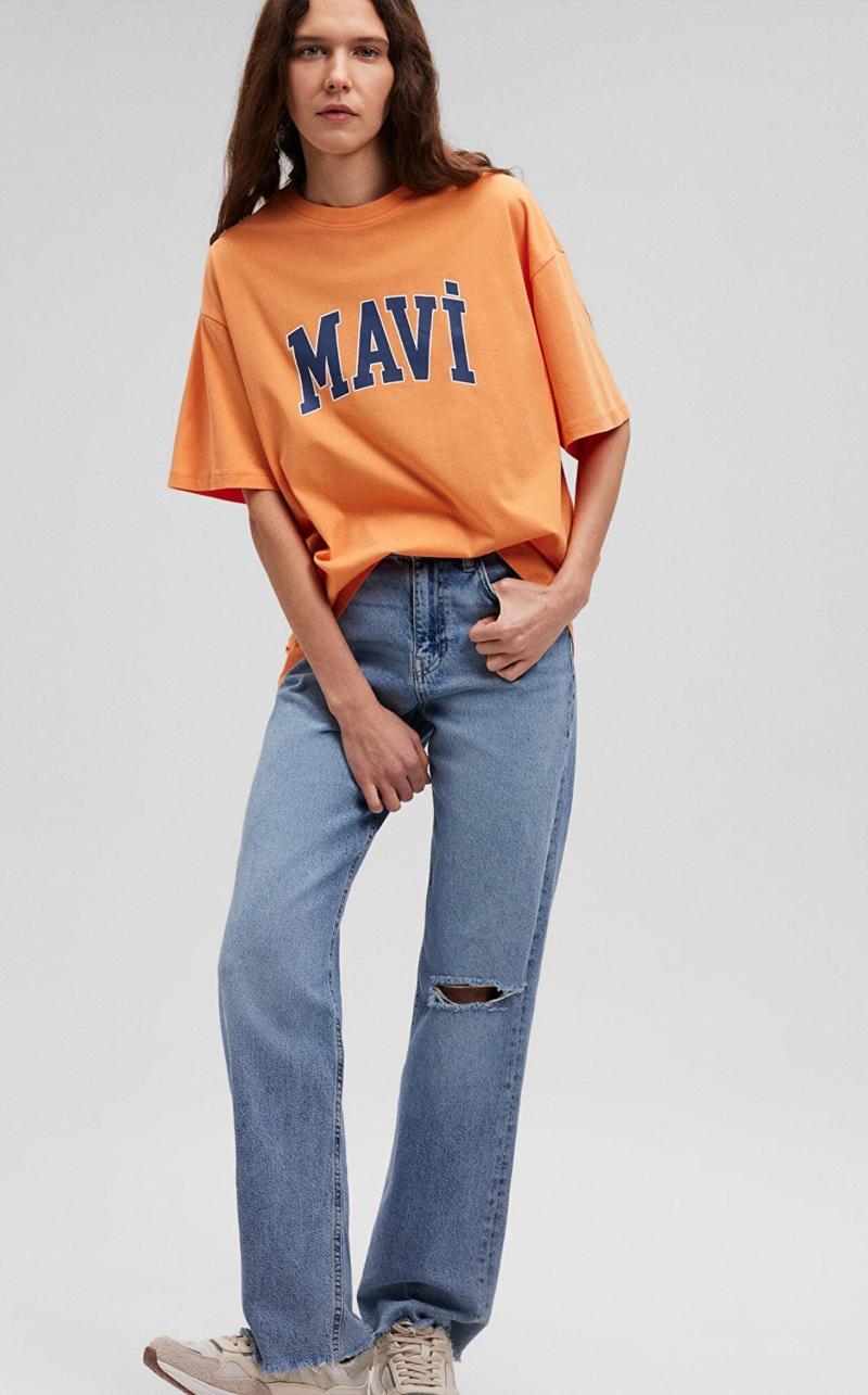 M1600843-71407 Mavi Baskılı Tişört Mock Orang Ss Kadın T-Shirt