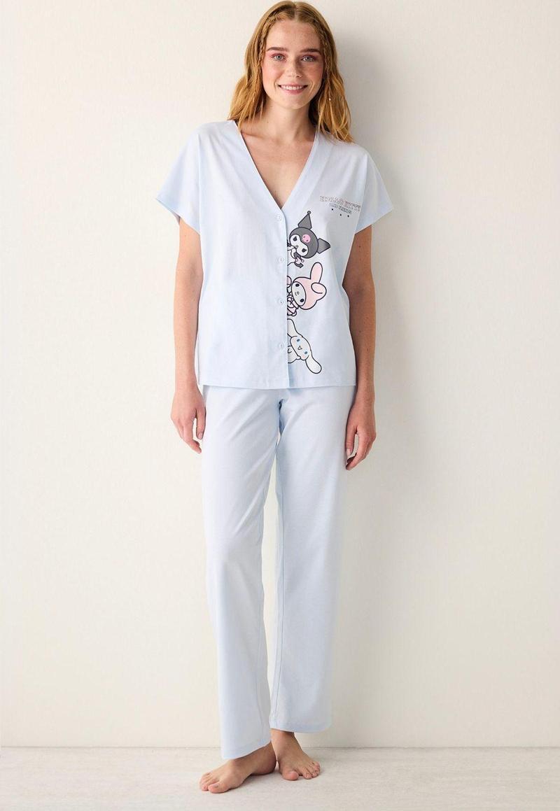 Pamuklu Sanrio Açık Mavi Düğmeli Gömlek Pantolon Pijama Takımı