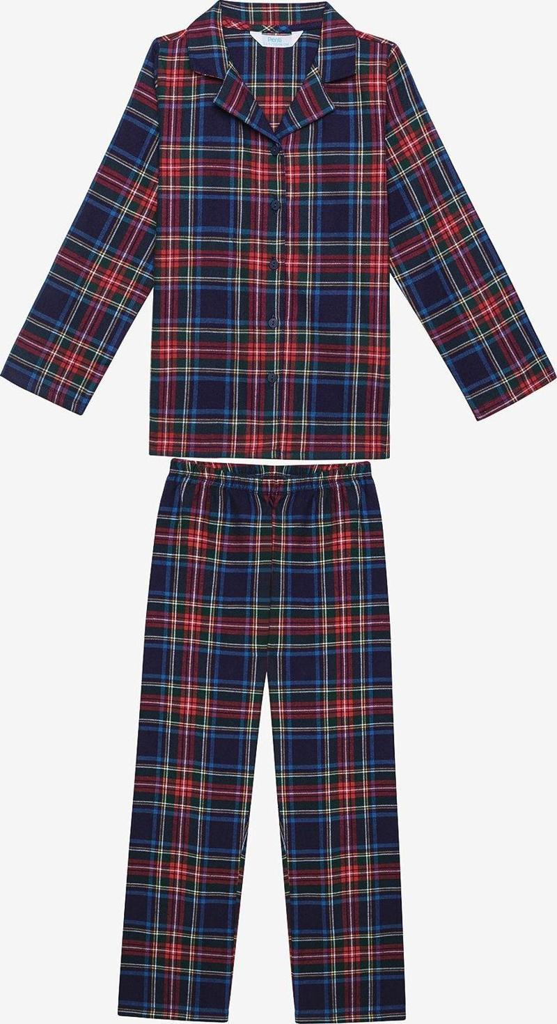 Pamuklu Unisex Çocuk Navy Plaid Fam Kırmızı Gömlek Pijama Takımı