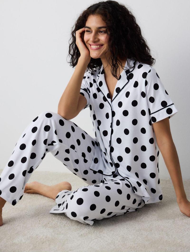 Pamuklu Black Dotted Gömlek Pantolon Beyaz Pijama Takımı