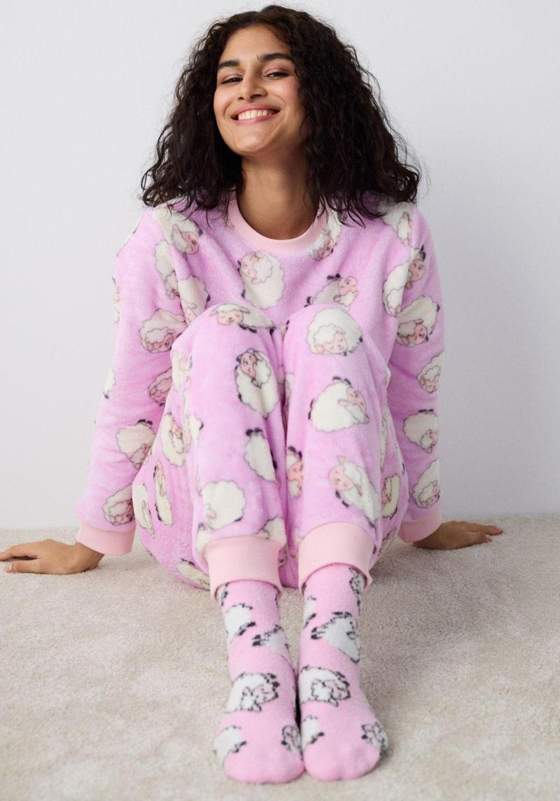 Cute Sheeps Lila Pantolon Pijama Takımı