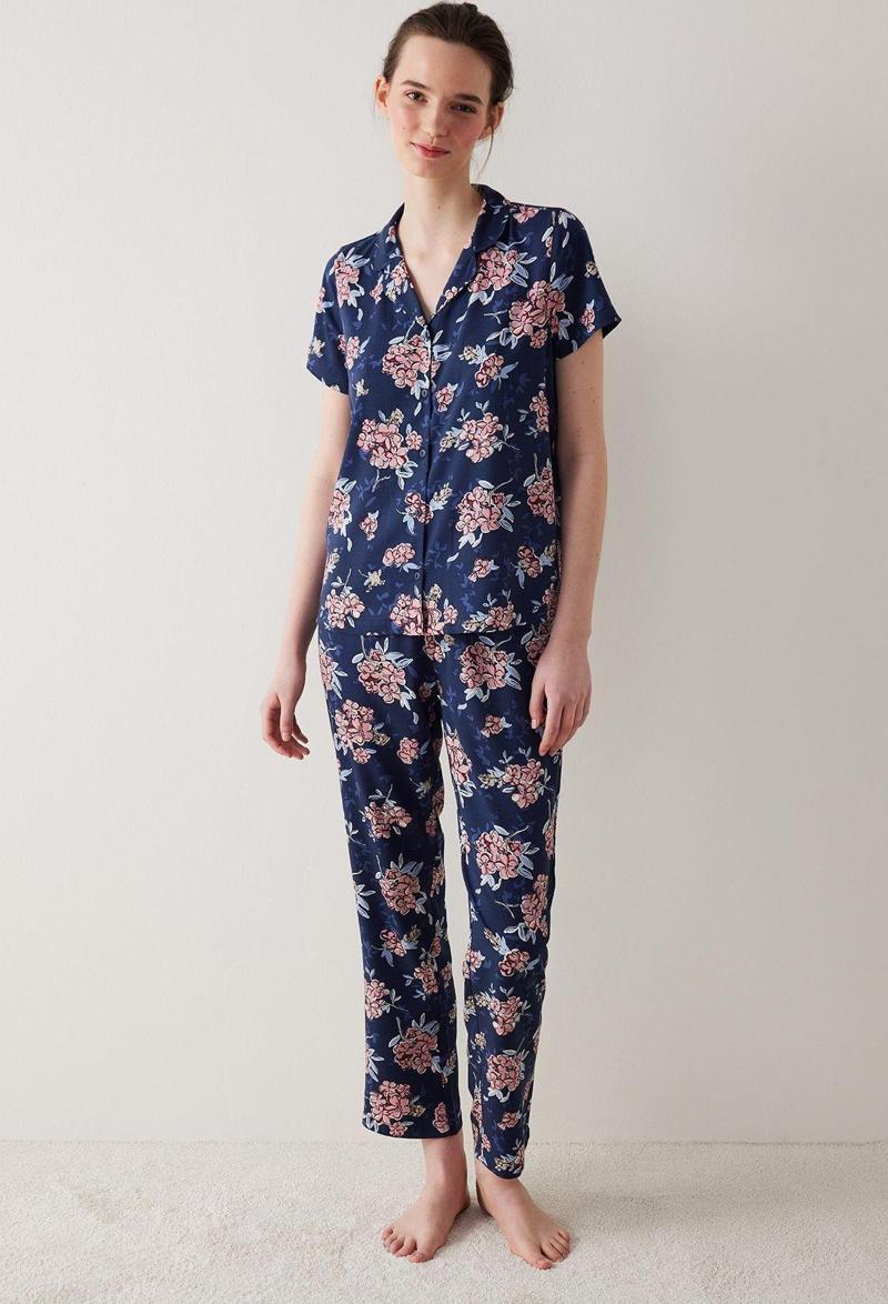 Concept Floral Düğmeli Gömlek Pantolon Lacivert Pijama Takımı