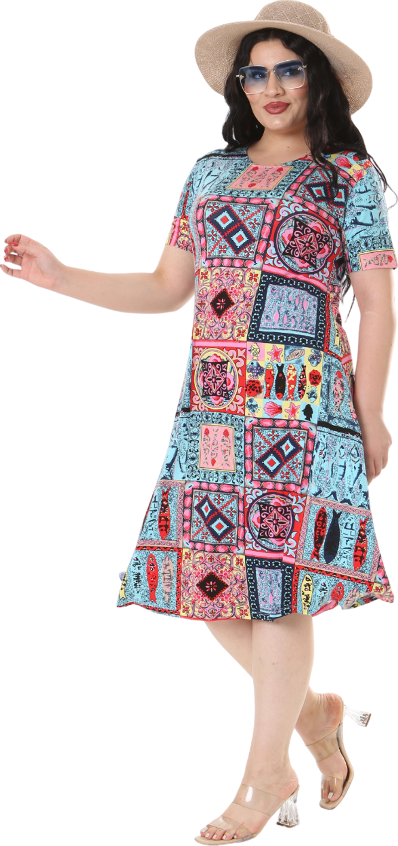 Butik Mavi Çini Desen Kısa Kollu Büyük Beden Midi Elbise