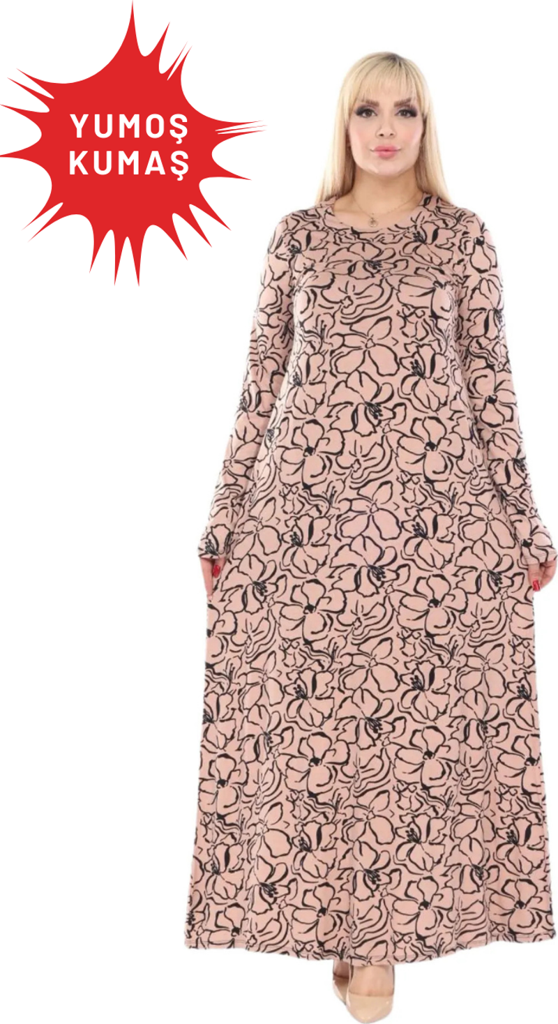 Butik Yumoş Kumaş Somon Çiçek Desen Uzun Kollu Kadın Tesettür Elbise