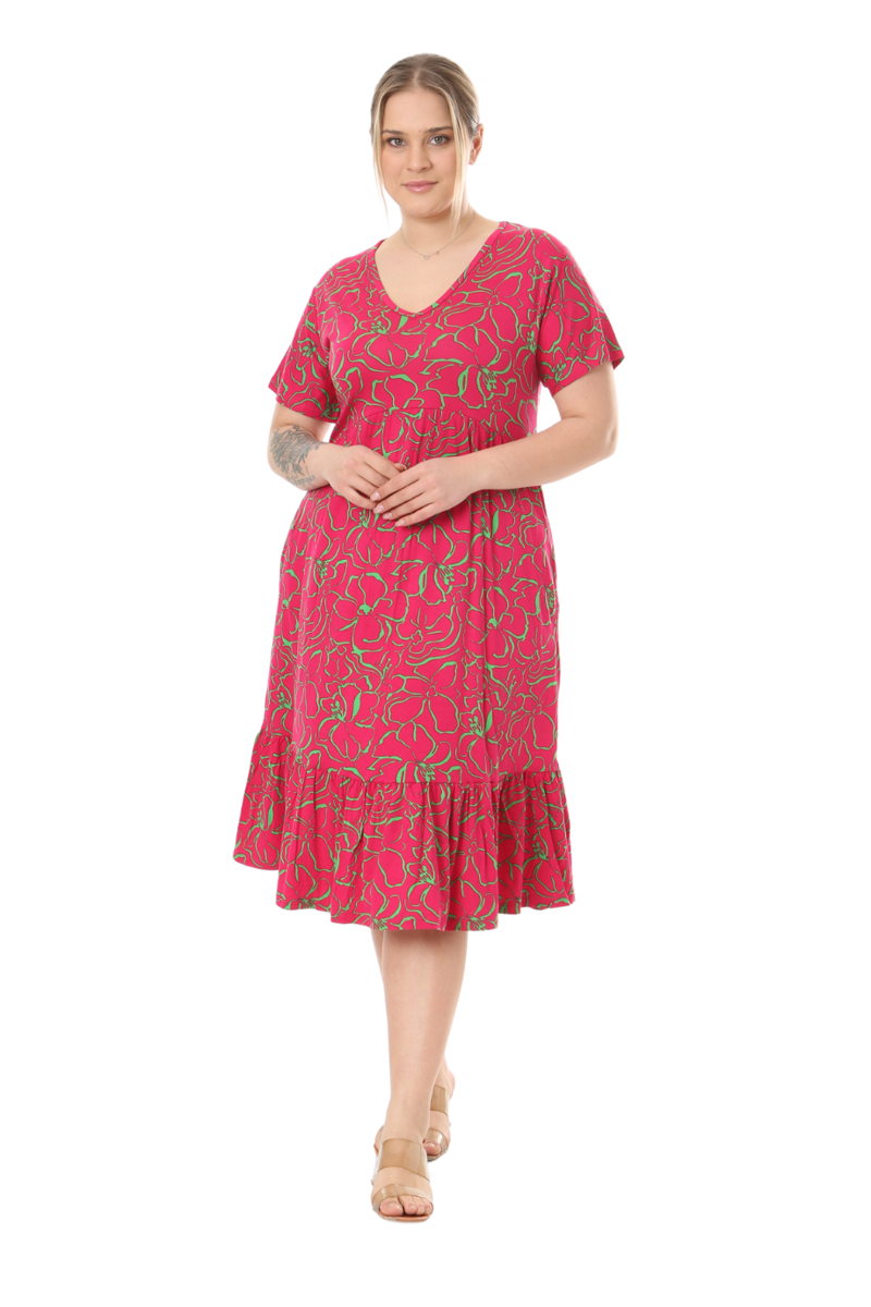 Butik Göğüsten Robalı V Yaka Kısa Kollu Pembe Çiçek Desenli Cepli Elbise