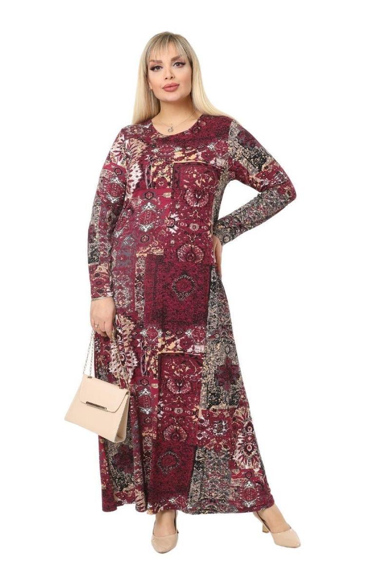 Butik Bordo Etnik Desen Kollu Kadın Uzun Tesettür Elbise