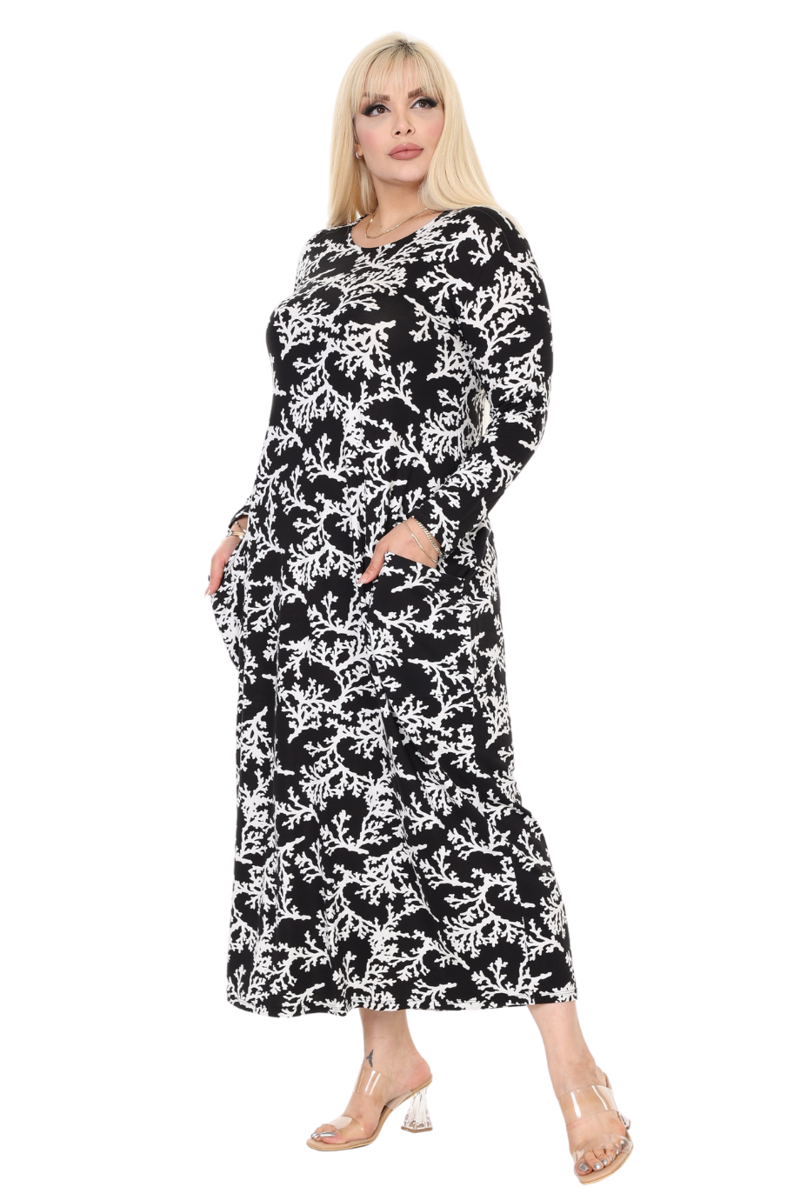 Butik Beyaz Mercan Desen Uzun Kollu Cepli Uzun Elbise