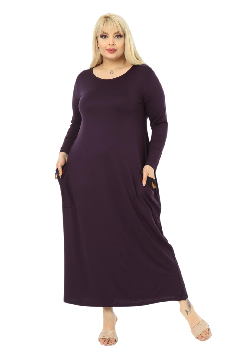 Butik Püsküllü Cepli Kadın Uzun Kollu Mor Tesettür Elbise