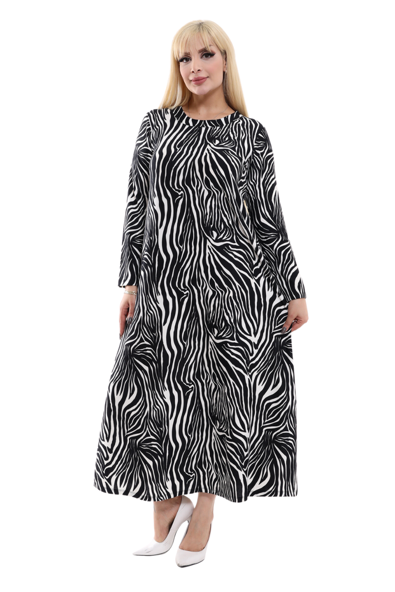 Butik Büyük Beden Siyah Zebra Desenli Tesettür Elbise
