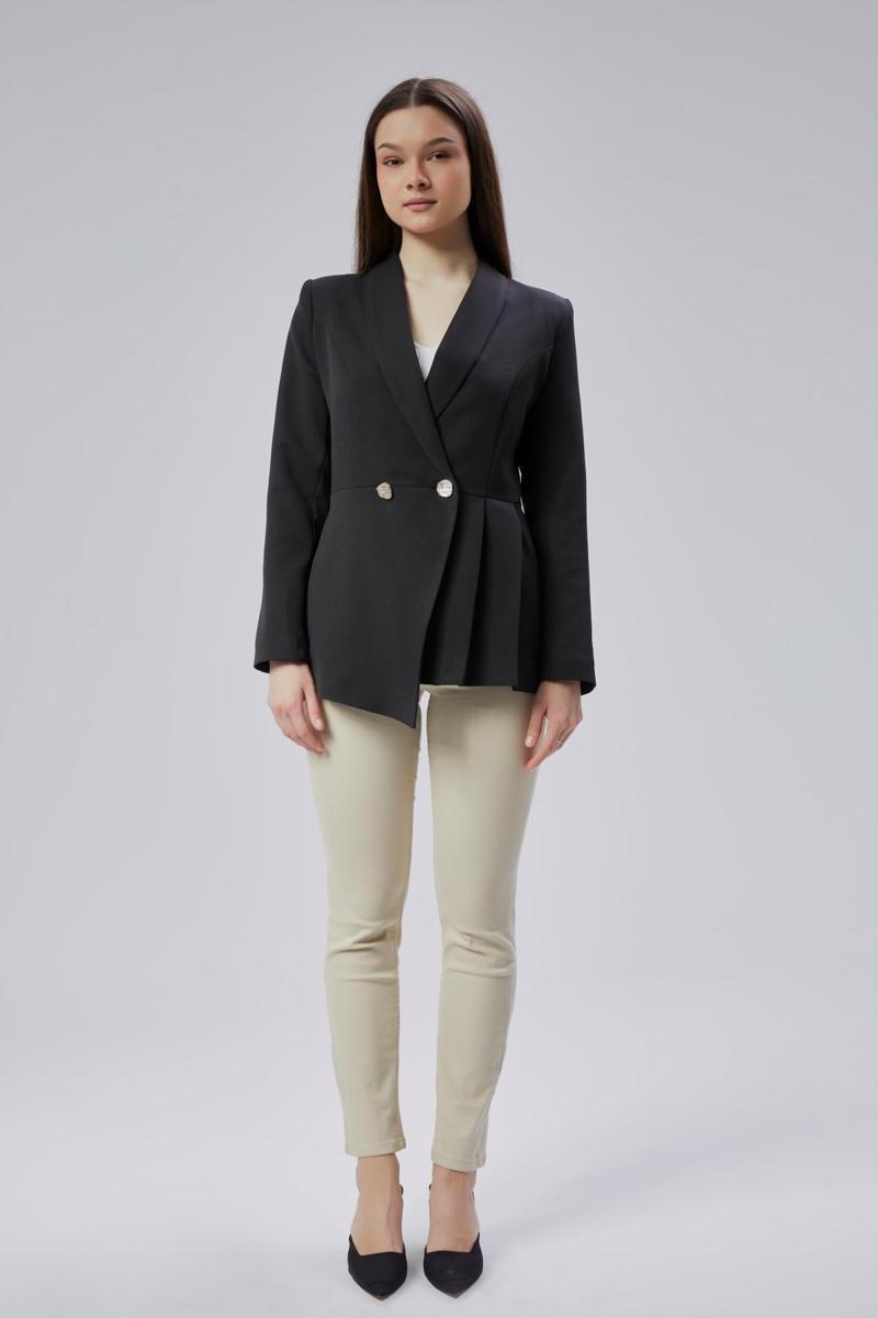Siyah Regular Fit Pile Detaylı Blazer Ceket