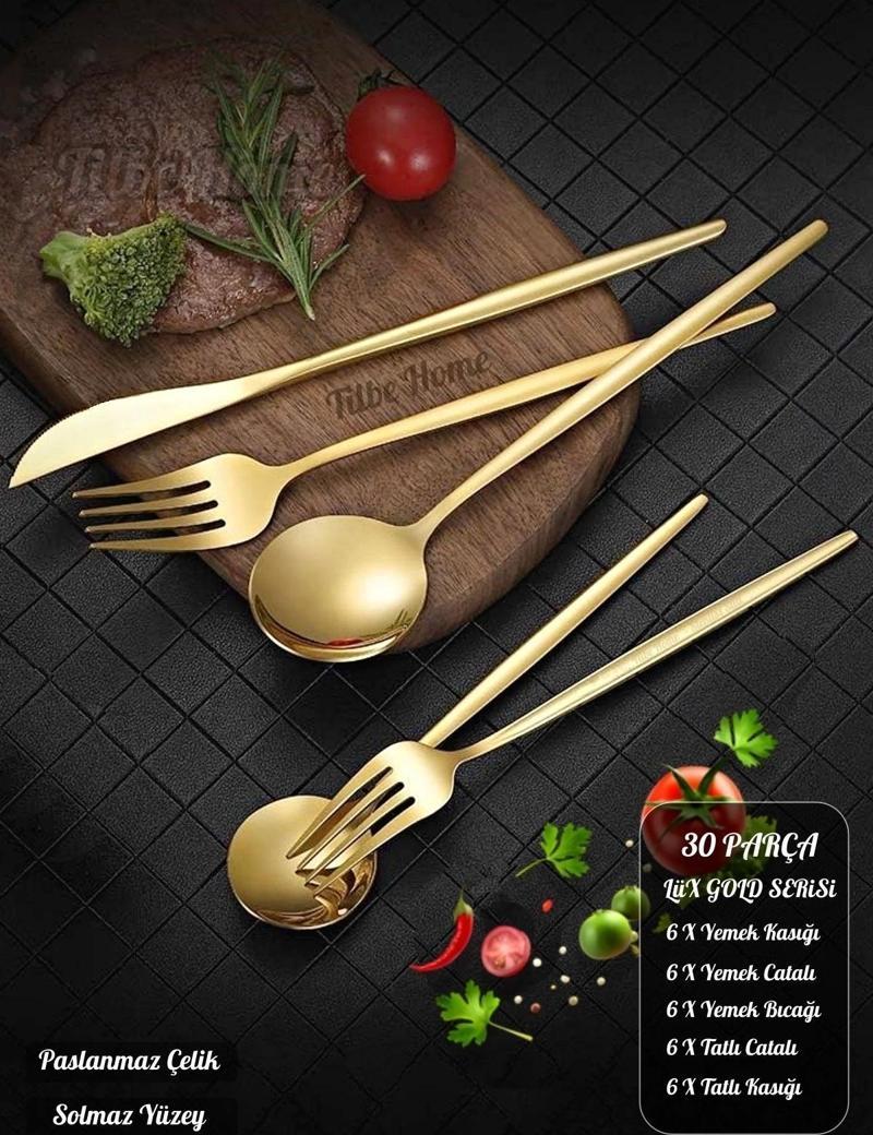 Lüx 30 Parça Gold Çatal Kaşık Bıçak Seti Paslanmaz Çelik Servis Çeyiz Takımı Parlak Pürüzsüz Çelik