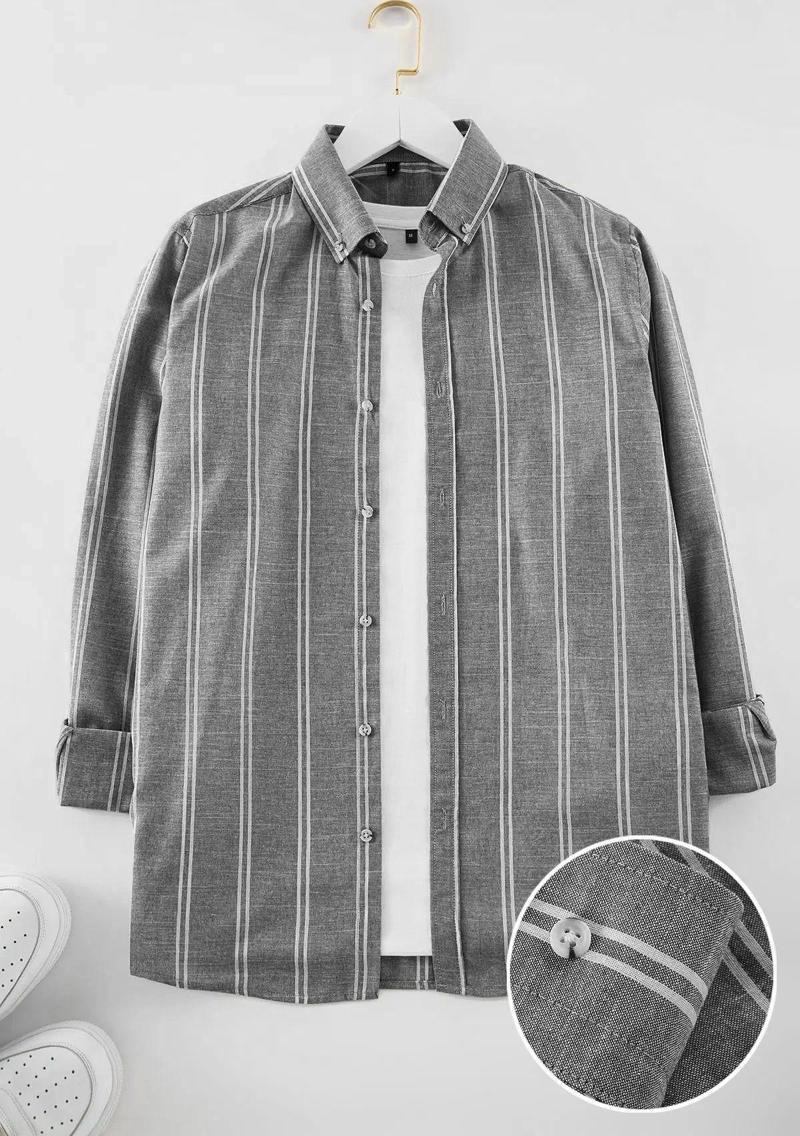 Moda Erkek Düğmeli Yaka Çizgili Desen Günlük İnce Çizgili Gömlek