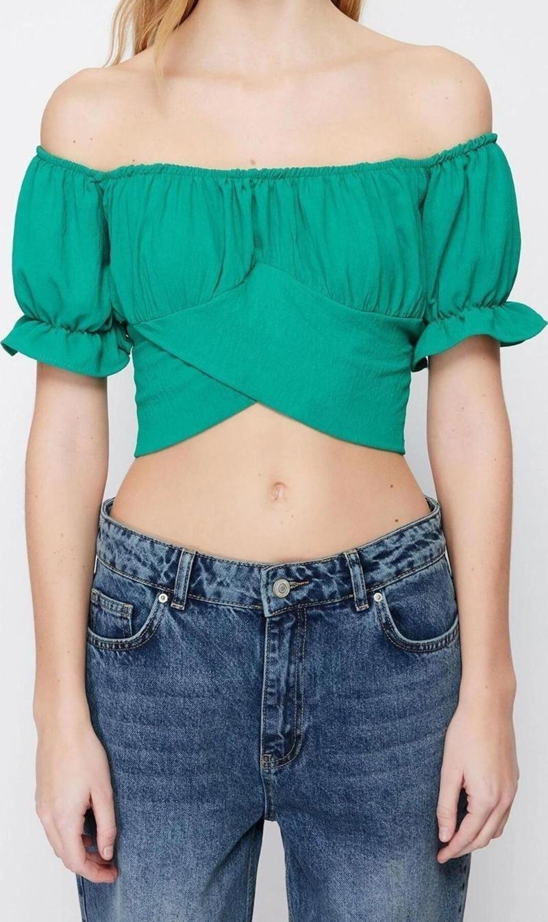 Moda Carmen Yaka Dokuma Fit Düz Desen Casual Günlük Regular Uzun Kol Bluz