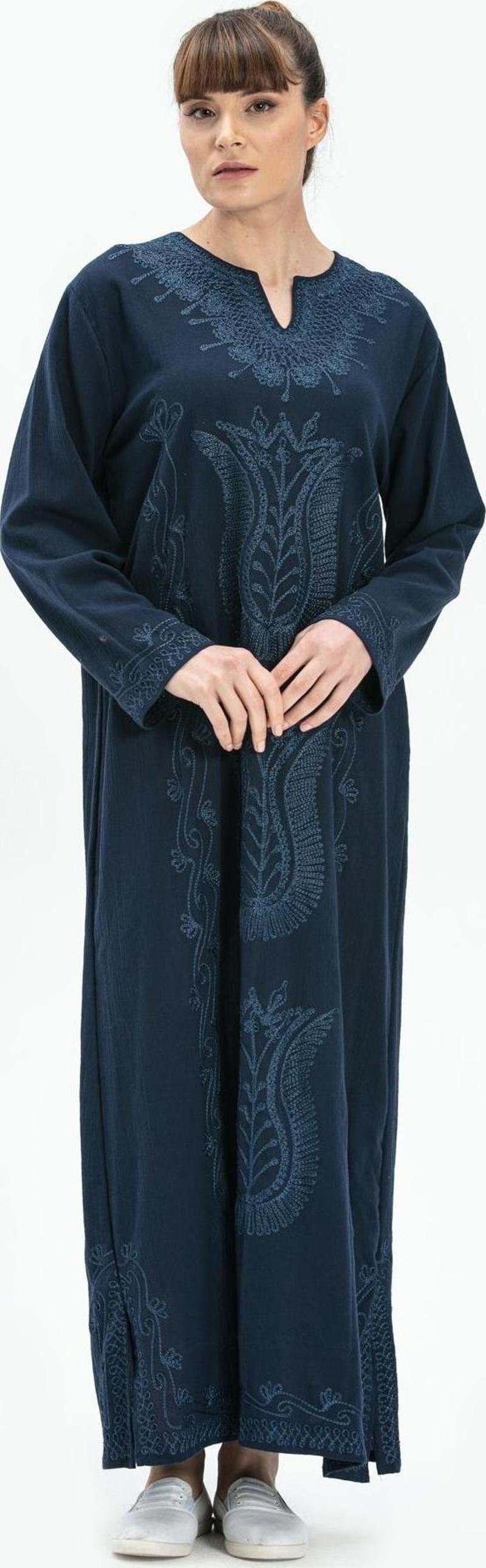 Uzun Kol Şile Bezi Simli Kaftan Midi Boy Yazlık Elbise Lacivert Lcvt