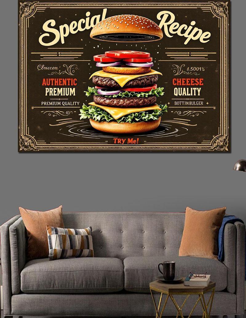 Retro Burger Menü Posteri Dekoratif Kanvas - Mdf Ahşap Tablo