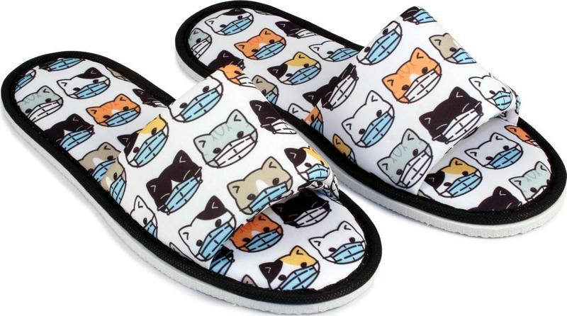 Unisex Beyaz Maskeli Kedi Desenli Önü Açık Ev Terlik Yumuşak Taban